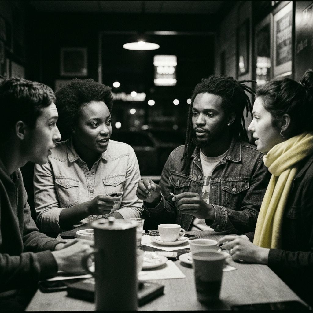 Groupe d'entrepreneurs et développeurs en pleine discussion autour d'un café le soir